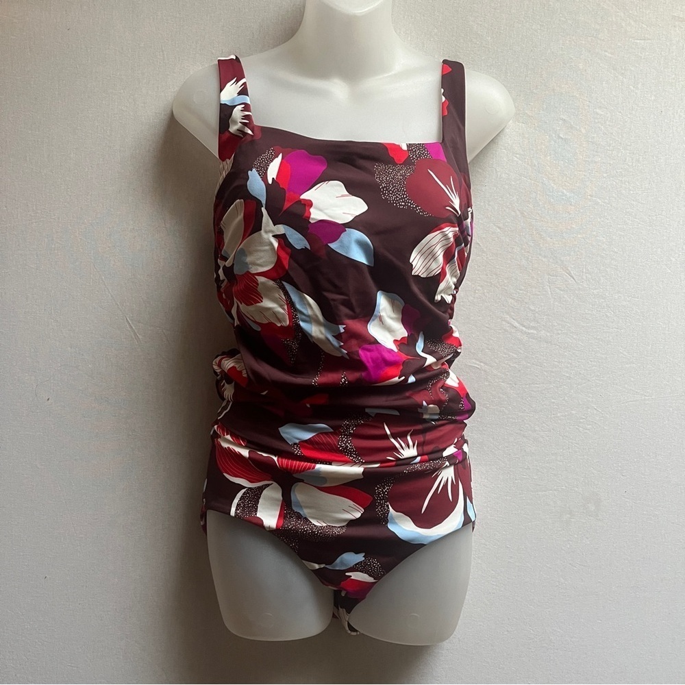 Athleta 2 Piece Floral Tankini Swimsuit Set 36 B/C Top Medium M Brown